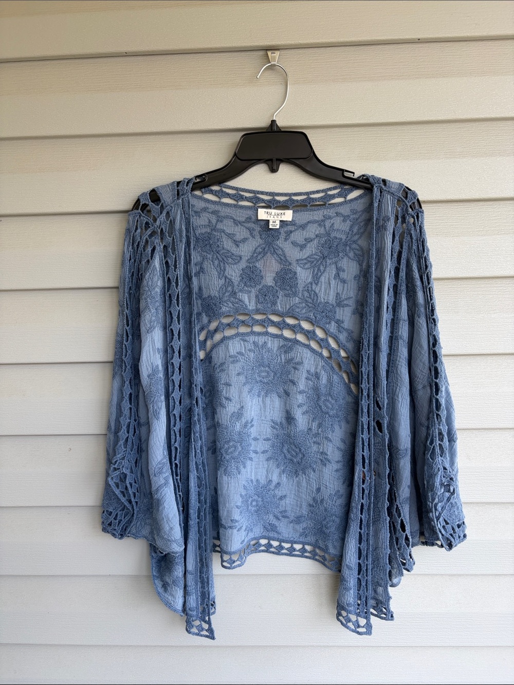 NWT TRU LUXE JEANS Dusty Blue Crochet Open-Front Cardigan